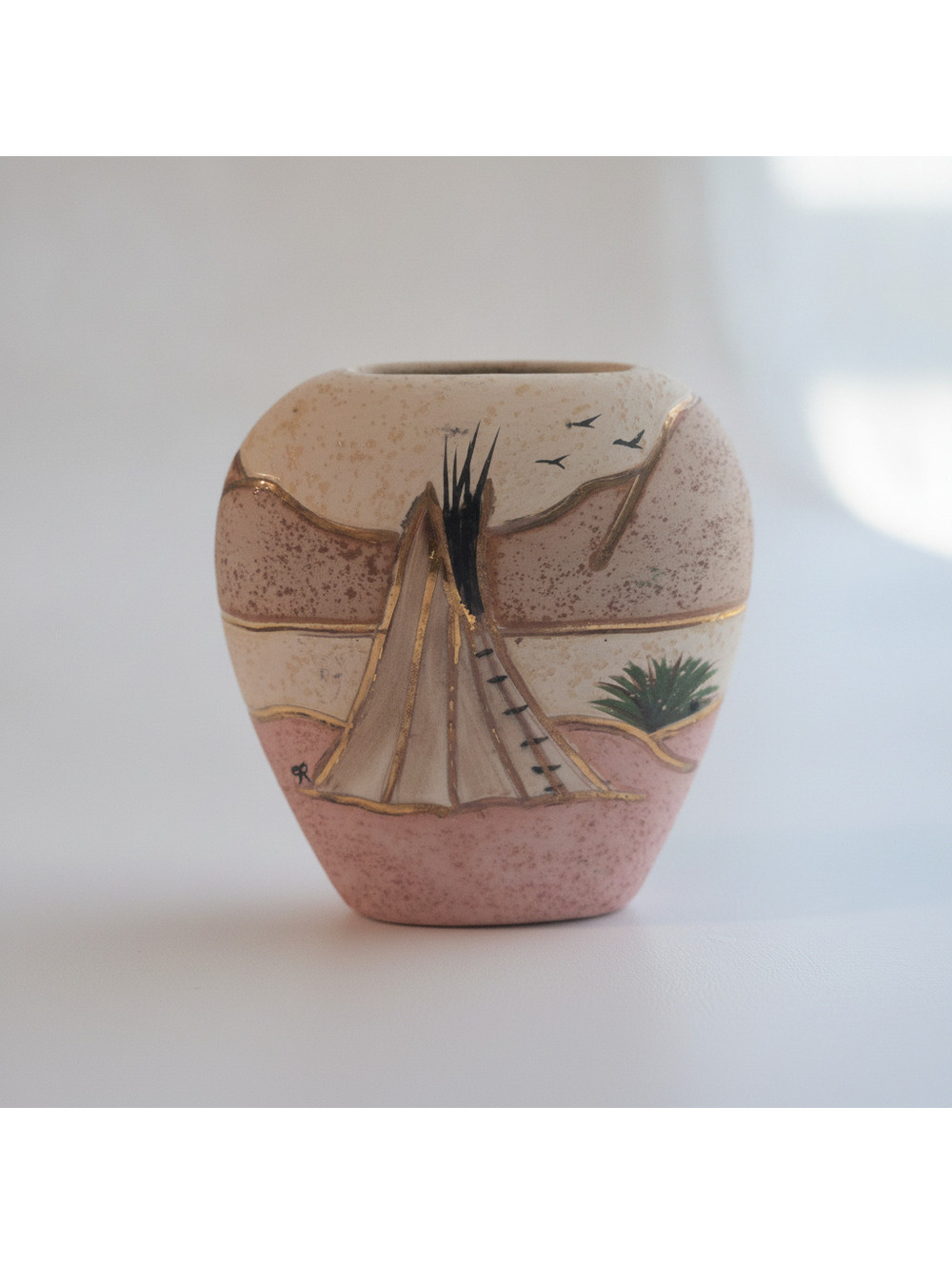 R.B. Gore Handcrafted Ceramic Vase with Teepee Desert Scene